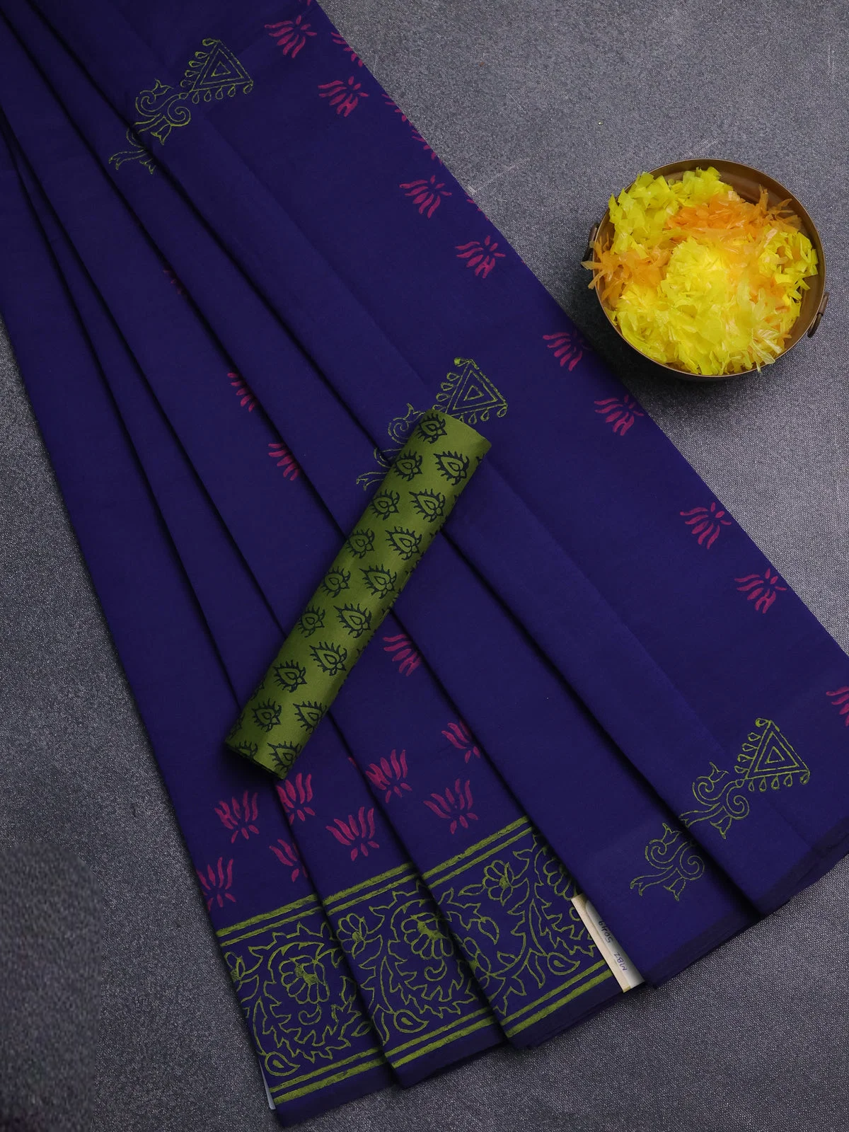 Lotus Printed Semi Silk Cotton Saree - Navy Blue and Light Green